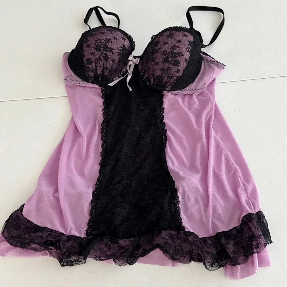 Y2K Lace Trim Babydoll Lingerie Chemise Purple Black Boudoir  Medium Coquette